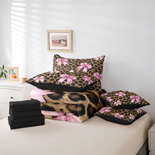 Parure de lit 7 pièces douce avec couette lit double imprimé léopard rustique et nœud rose