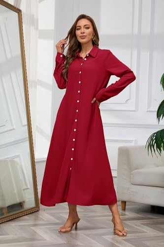 chouyatou Women's Casual Button Down Maxi Shirt Dress Long Sleeve Button Up Tunic Long Dress3