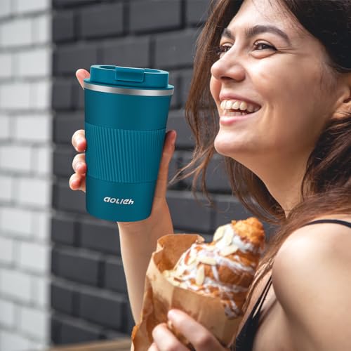 Foto von Aolieh Thermobecher, Kaffeebecher mit Auslaufsicherem Deckel, Thermobecher- Isolierbecher, Edelstahl Travel Mug, Kaffeebecher to go für heißes und kaltes Wasser Kaffee Tee (380ML,Blau)