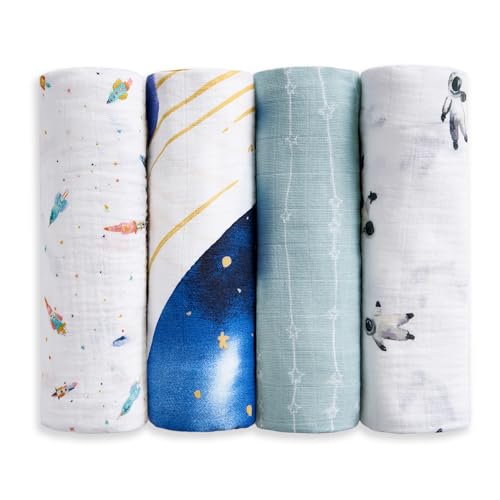Image of aden + anais 100% Organic Cotton Muslin Swaddles, Breathable Baby Blanket, Ideal for Boys, Girls, Newborns, Babies & Infants, Receiving Blanket, Soft and Lightweight Wrap, 4 Pack, Space Orbit