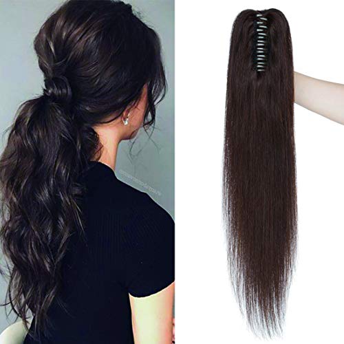 SEGO Jaw/Claw Clip Ponytail Extension Human Hair Clip in Ponytail Hair Extensions Pony Tails Hair Extensions 100% Real Remy Hair Long Straight For Women 16 Inch Dark Brown 105 Gram
