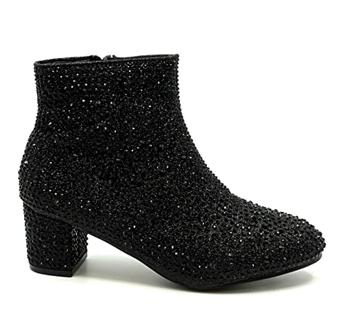 Forever Girls Rhinestone Boots Kids Low Heel Dress Booties Iceberg-12K Shoes Black Rhinestone 13