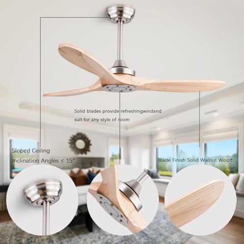 Image of QUTWOB 42 inch Wood Ceiling Fan No Light, Reversible DC Motor, Remote Control | solid wood blades, quiet 6-speed reversible dc motor, remote control, no light, for indoor outdoor patio garage bedroom