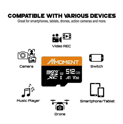 Image of MMOMENT MM13 512GB Micro SDXC Card, A1, V30, UHS-I, U3, Class 10 Compatible, Read Up to 95 MB /s, Write Up to 70MB /s, SD Adapter Included