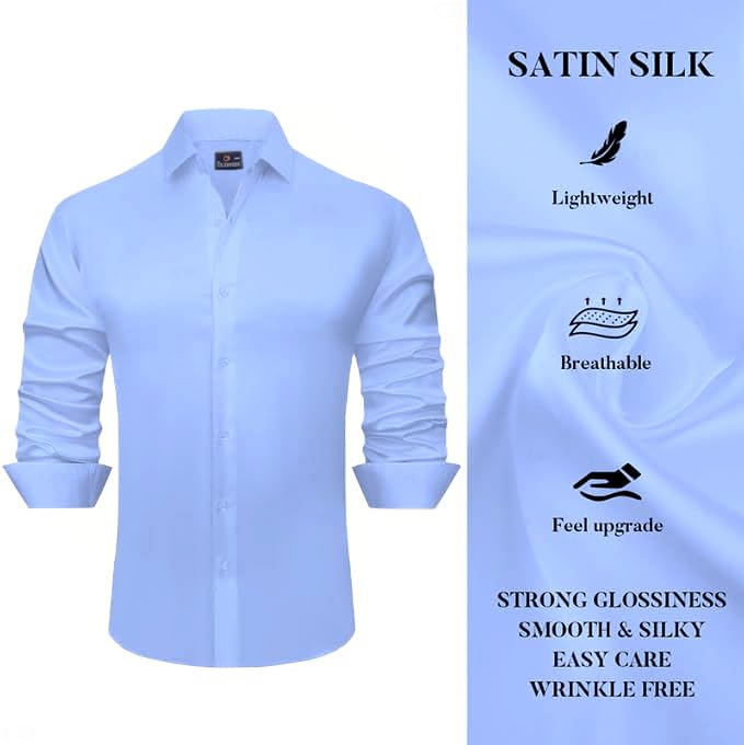 Image of CB-COLEBROOK Mens Stylish Solid Silk Satin Casual Dress Shirts for Men Shiny Long Sleeve Button Down Shirt Party Prom Wedding Shirt for Mens