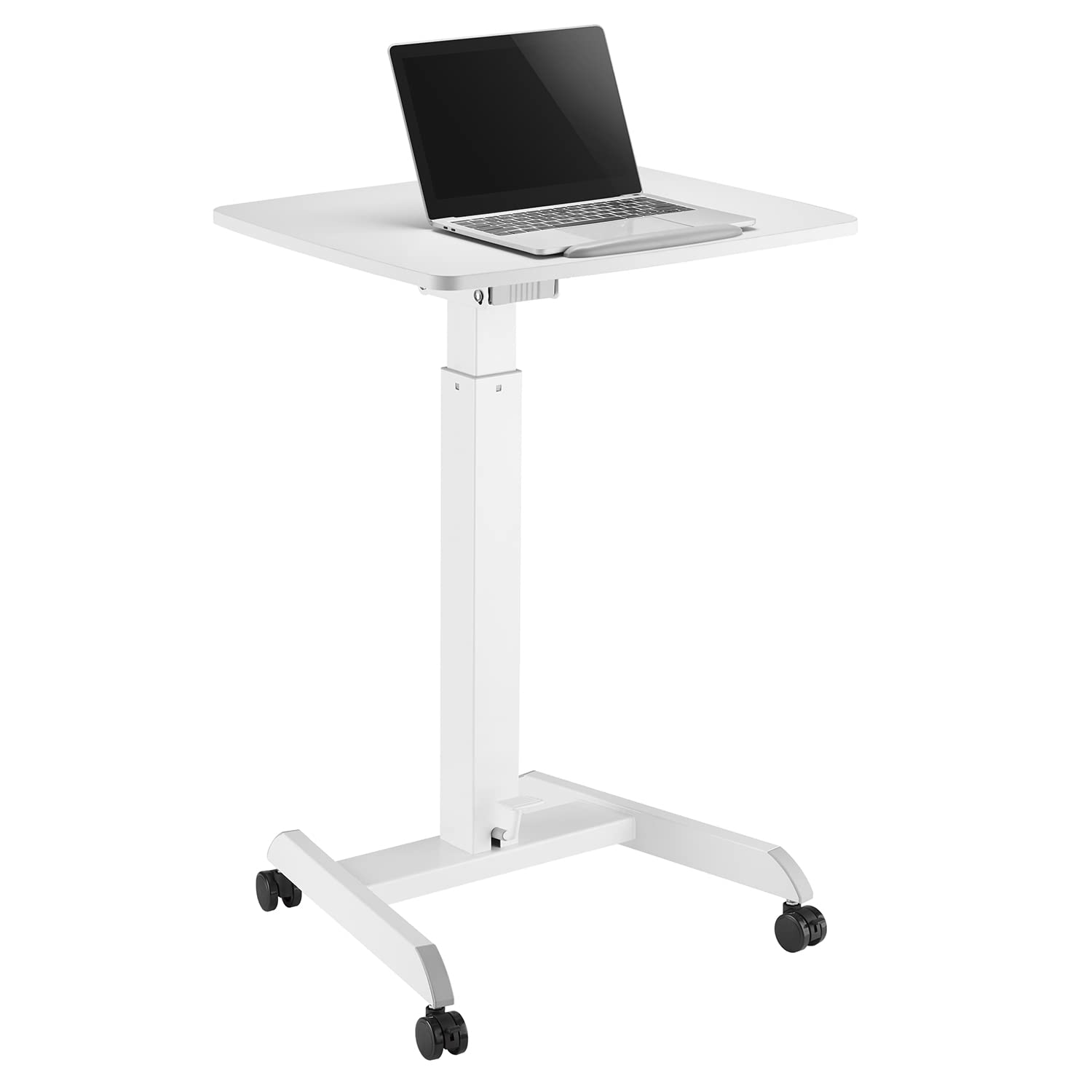 Maclean Mobiler Beistelltisch für Laptop & Notebook, Höhenverstellbarer Laptoptisch mit Rollen, Sitz-Steh-Schreibtisch mit Gasfeder (76-113 cm), 30° Neigbar, Kompakt, Weiß