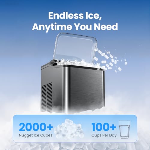 Image of VIBOFROST Nugget Ice Maker Countertop, Fast 35lbs /24H Sonic Pebble Ice Machine, Self-Cleaning Anti-Scale System, Stainless Steel Portable Ice Maker for Home, Kitchen, RV, 10 Cleaning Packets