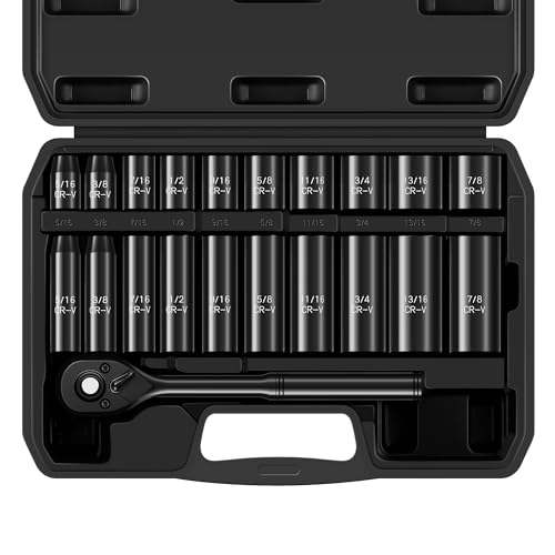 Image of Reniteco 21-Piece 3 /8 inch Drive Socket Set, SAE (5 /16 inch- 7 /8 inch), Deep and Shallow Sockets, 72-Tooth Ratchet Wrench, 6 Point Design, Cr-V
