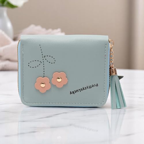 1Pcs Pouch for Money Short Floral Card Wallet PU Leather Blue 11x9cm