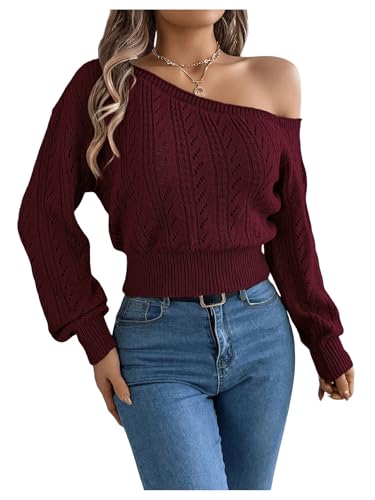 Verdusa Women's Off The Shoulder Sweater Y2k Cinched Waist Tops Lightweight Dressy Sweaters Burgundy X-Large