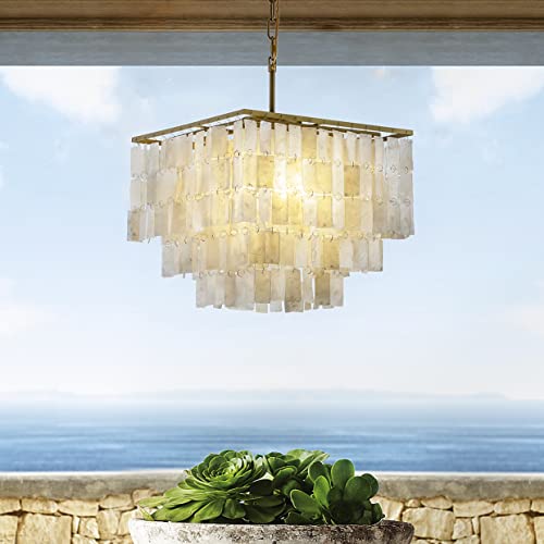 ALOADECOR 3 Lights Costal Square Antique Brass Flush Mount Ceiling Light with Rectangle Capiz Natural Seashells Shade Modern Shells Chandeliers for Living Room Dining Room Bedroom W 16.4 inch - Image 8