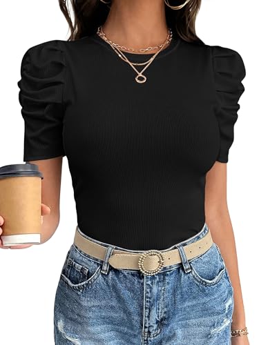 ANRABESS Women Puff Short Sleeve Crewneck Dressy Casual Tops Summer Fitted Ribbed Knit Trendy Work Shirts 2026 Spring Clothes Black Small