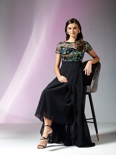 Image of Miss Chase Women's Round Neck Short Sleeve Floral Layered Georgette Midi Dress