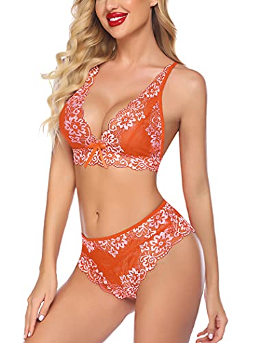 Avidlove 2 Piece Women s Lace Bralette Strappy Lingerie Set Bra and Panty Set Mesh Underwear Negligee Orange