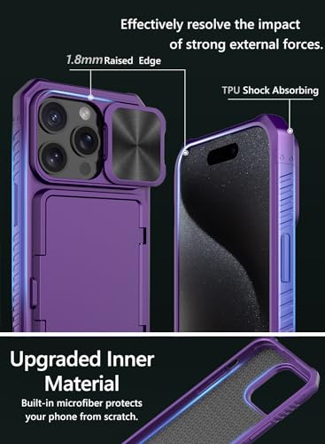 Image of Vihibii for iPhone 15 Pro Case with Card Holder (4 Cards) & Slide Camera Cover & Kickstand, Shockproof Rugged Hard Back & TPU Soft Edge Wallet Back Cover for iPhone 15 Pro 5G 6.1 inch 2023, Dark Purple