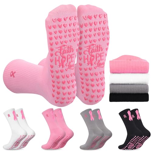 4 Pairs Pilates Socks with Ribbon for Women Funny Breast Cancer Awareness Socks Cotton Non Slip Yoga Crew Grippy Workout Ballet Athletic Hospital Gifts