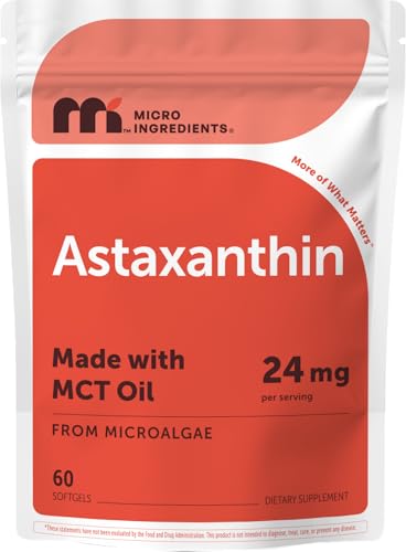 Micro Ingredients Astaxanthin 24mg with MCT Oil 60 Softgels 2 Month Supply | Max Strength Astaxanthin Antioxidant Supplements | Fresh Microalgae Source | Non-GMO Gluten Free No Soy