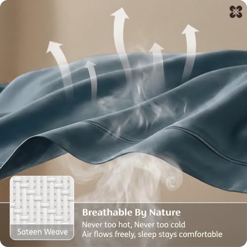 Image of Bedsure PureWoven 100% Giza Egyptian Cotton Queen Sheet, CEA & BV Certified | 18 inch Deep Pocket Sateen Sheet with Corner Straps, Durable & All-Season Breathable, Hotel Luxury, Oeko-Tex, Giftable,Dusty Blue