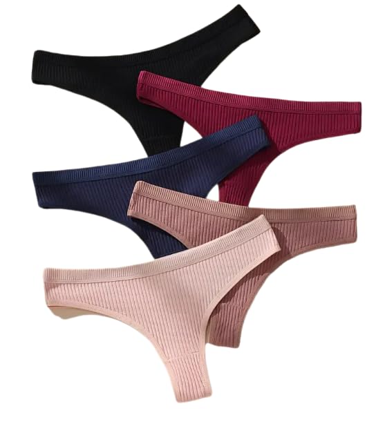 The Seventh Muse Cotton Thongs for Women, 5-Pack, Low Rise V-String Panties, Seamless Ribbed Knit Multicolour-picture-17