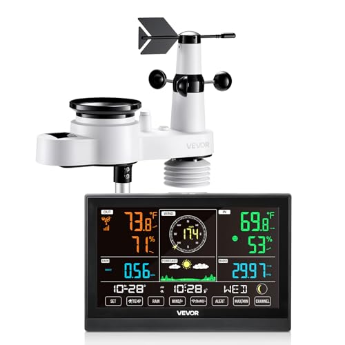 VEVOR 5-in-1 Wireless Weather Station, 7.5-Inch VA Display, Solar Powered Outdoor Sensor, Rain Gauge, Indoor Outdoor for Weather Forecast, Temperature, Humidity, Wind Speed and Direction (No WiFi)