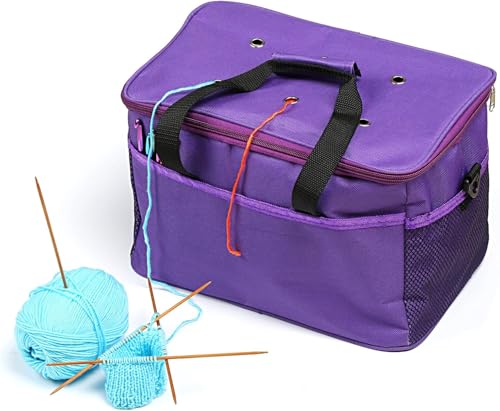 Image of LIHAO Crochet Bag Knitting Bag Yarn Storage Organizer Bag Yarn Holder Case for Crocheting Carrying Projects, Crochet Hooks, Knitting Needles Purple
