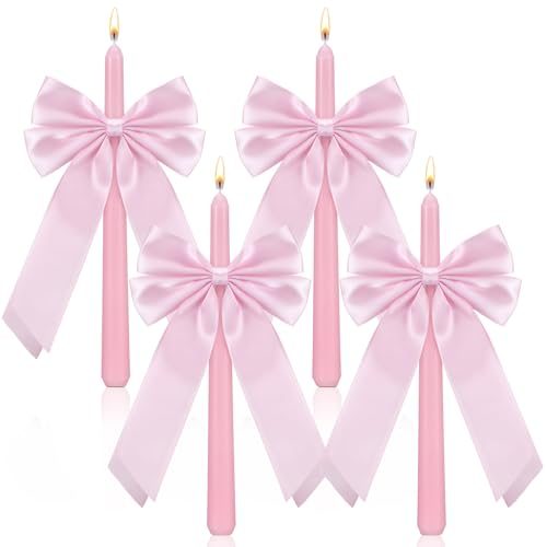 Conelist 4 Pcs Bow Taper Candles Coquette Taper Candles Wedding Candles Decor 10 Inch Smokeless Unscented Candle Cowgirl Gifts for Coquette Bachelorette Bridal Wedding Party(Pink)