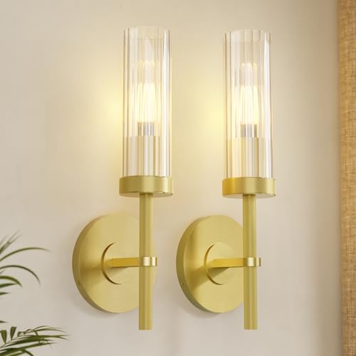 Image of Wall Sconces Set of 2 (with 2 Bulbs), Modern Bathroom Wall Sconces Lighting with Thickened Glass, Hardwired Wall Mount Light Fixtures for Bathroom, Bedroom, Hallway, Living Room(Gold)