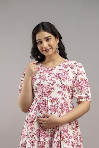 Image of Women's Rayon Anarkali Maternity Ankle Length Dress, Pregnancy Dress,Feeding Kurti,Easy Brest Feeding Dress, with Both Side 9 inch Zipper and Belt