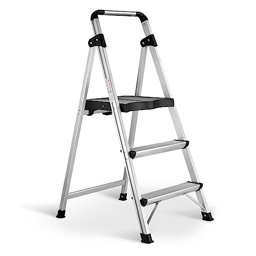 Taburete plegable de aluminio de 3 escalones con taburetes anchos antideslizantes, taburete plegable ligero para adultos, hogar, cocina, oficina (capacidad de 300 libras)