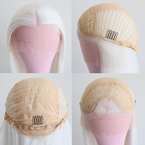 Btwtry Long White Synthetic Lace Front Wigs For Black Women Platinum Snow White Wig Natural Hairline Heat Resistant Hair Half Hand Tied Wigs Cosplay And Daily Wear (24Inch, White) #TOP4