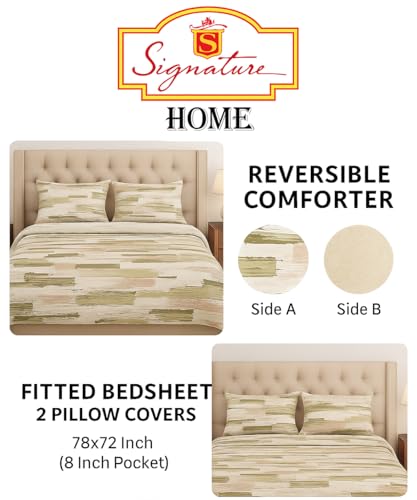 Image of Signature Reversible Super Soft Double Bed Comforter /Quilt Set 350 GSM - 88x90 inches | King Size Fitted Elastic Bed Sheet with 2 Pillow Covers | All-Season Ultra Cozy Bedding Set (Sahara Mist)