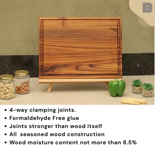 Image of Large Teakwood Chopping Board for Kitchen | Non-Slip Ribber Feet | Vegetables, Meat, Cheese, Prep and Serve | Food Grade Finish with Mineral Oil and Beeswax | 1 Year Warranty
