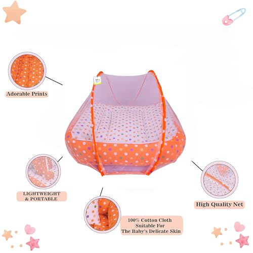Image of Toddylon Flat Bed Baby Bed Bedding Set for New Born Baby | Bed Mattress | Mosquito Net | Cotton | Travel Bed | Essentials | Toddlers | Infants | Baby Boy Girl (0-12 Months) Orange