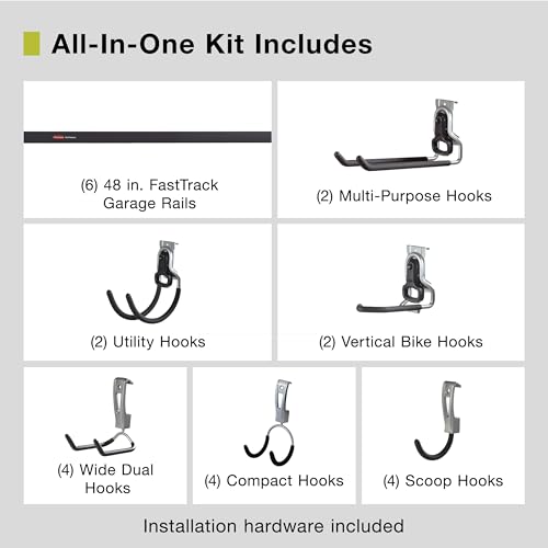 Image of Rubbermaid 24-Piece FastTrack Garage Wall-Mounted Storage Kit, 6 Rails and 18 Hooks, Black, for Home /House /Tool /Sports /Equipment /Utility Purposes
