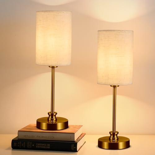 Bedside Lamp with USB Charging, Set of 2, Touch Dimmable Table Lamp for Nightstand, Gold Metal Base & Linen Shade, Cordless Decor Lighting for Bedroom Living Room Sofa End Kitchen