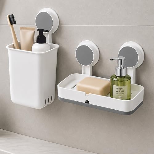 Image of JIALTO Wall Mounted Toothbrush Holder & Soap Box for Bathroom, Non-Drill Self Adhesive Magic Sticker Toothbrush Stand, Removable Drain Tray & Waterproof (Dubal Soap Box - White, Pack of - 2)