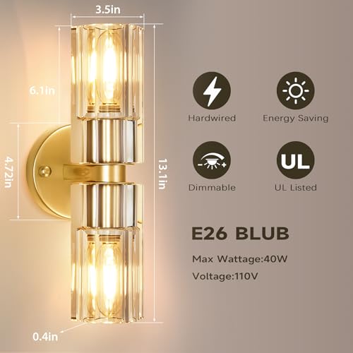 Image of Gold Wall Sconce, Modern Bathroom Sconces Wall Lighting Vanity Light Fixtures with Clear Crystal, Hardwired Brushed Brass Wall Mount Lights for Living Room Corridor Mirror Bedroom Stairs