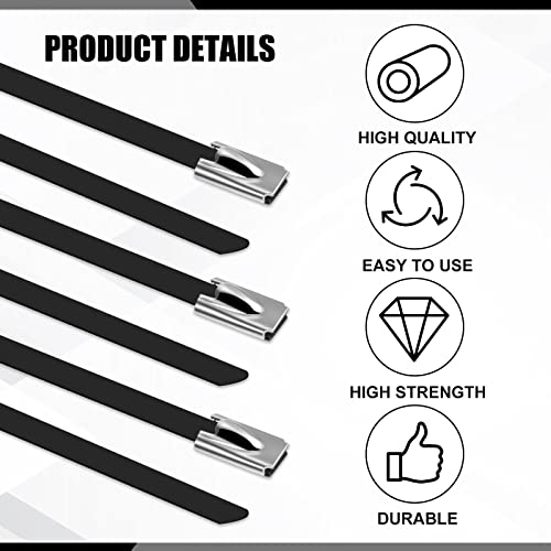 Pelopy 100 Pcs 18 Inch Metal Zip Ties Black 304 Stainless Steel Zip Ties Epoxy Coated Tie Heavy Duty Cable Self Locking Cable Multi Purpose for Machinery Vehicles Exhaust Wrap Outdoor Fence Farms by Pelopy - Image 6