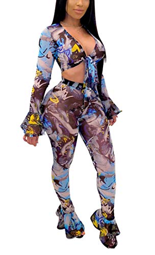 Aro Lora Womens Floral Print See Through Long Flare Sleeve V Neck Crop Top Pants Set 2 Piece Outfits Jumpsuits XX-Large Blue