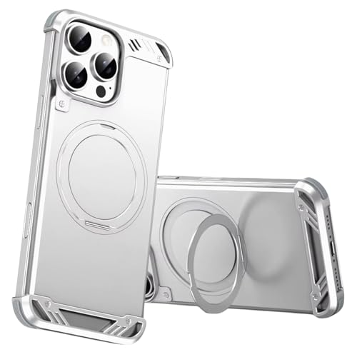 Coque iPhone 16 Pro Max sans cadre en métal argenté avec support rotatif MagSafe