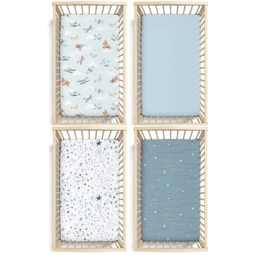 Image of Plushii 4PK Crib Sheets for Boys,Soft Microfiber Mattress Cover,Planes | Fits standard crib & toddler beds (52x28 inch). Soft, breathable cover with plane patterns for boys and girls.