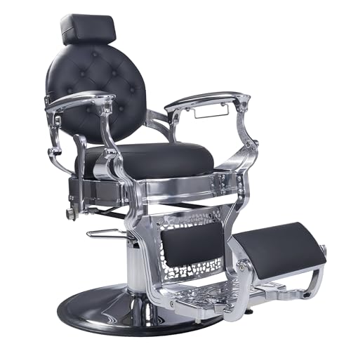 Image of Vintage Aluminum Barber Chair for Hair Stylist, Heavy Duty Barber Chair for Barbershop,Hydraulic Reclining Hair Salon Chair, 360 Degree Swivel for Tattoo Massage (Silver)
