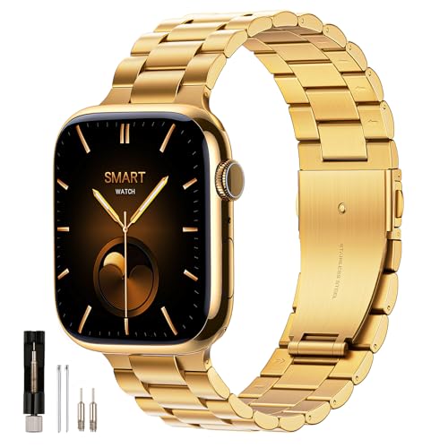 Image of QAZNZ Compatible with Apple Watch Strap 46mm 45mm 44mm 49mm 42mm (Series 3/2/1), Stainless Steel Metal Link Band for Men Women, Adjustable Business Replacement Bracelet with Folding Clasp(Gold)