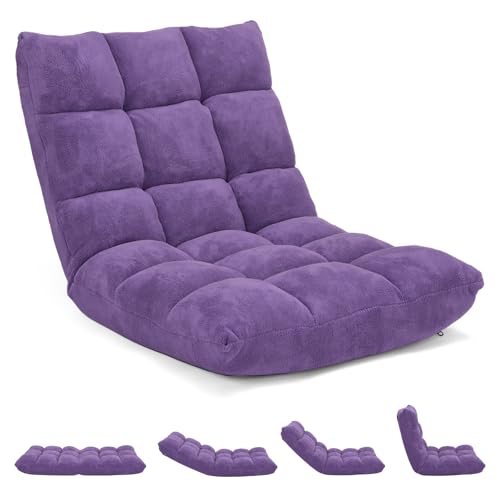 14-Position Floor Sofa, Folding Gaming Sofa Chair, Comfy Cushions & Study Steel Frame, Angle Adjustable Sleeper Bed, Couch Recliner (Purple)