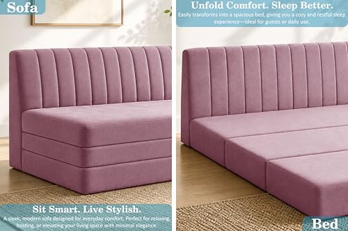 Image of 3-Seater Foldable Floor Sofa Bed with, Modern Velvet Fabric Folding Couch for Living Room, Guest Room & Small Spaces-Rose Pink
