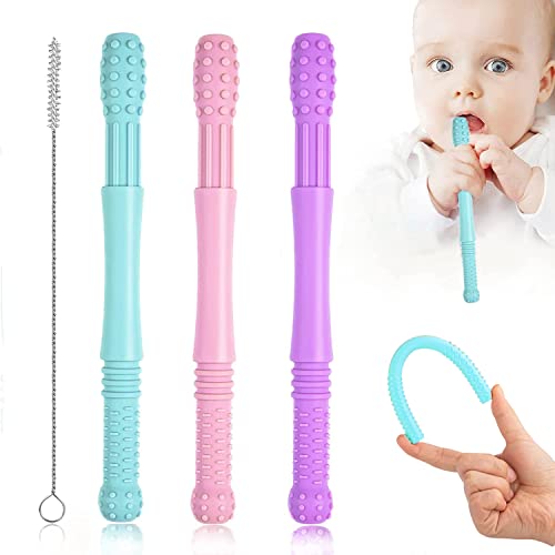 FINEVERNEK Anneau De Dentition Bébé, 3 Silicone Tubes Dentition, Silicone Sans BPA Chewy Tube avec 1 Cuillères et 1 Brosses de Nettoyage pour Dentition Bébé de 0-12 Mois Cover