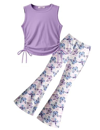 Image of Arshiner Toddler Girl Clothes 2 Piece Outfits Side Adjustable Drawstrings Tank Tops and Flare Leggings Pant Set