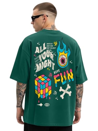 Image of Veirdo Cotton Drop Shoulder Round Neck Oversized Baggy Fit Front & Back Graphic Printed Half Sleeve T-Shirt Men (Available in from S to 2XL)