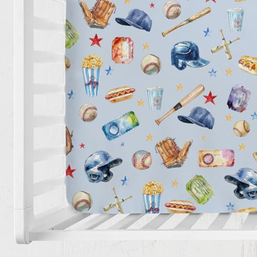 Image of Watercolor Baseball Baby Crib Sheets 52''x28'' Patriotic American Sports Stretchy Fitted Mattress Cover for Boy Girl Outdoor Sports Lovers Soft Baby Sheets for Standard Crib and Toddler Mattress