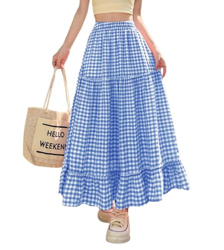 chouyatou Women's Vintage Plaid Ruffle Skirt High Elastic Waist A Line Swing Pleated Long Skirt